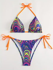 Boho Bikini Set Plus Size Women's Fluid Print Halter Bra & Tie Panty Two Piece