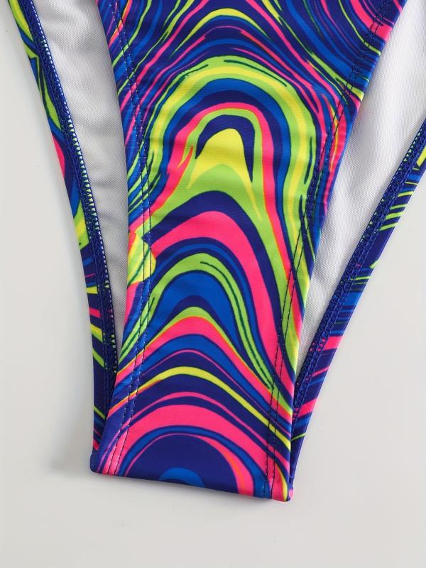 Boho Bikini Set Plus Size Women's Fluid Print Halter Bra & Tie Panty Two Piece