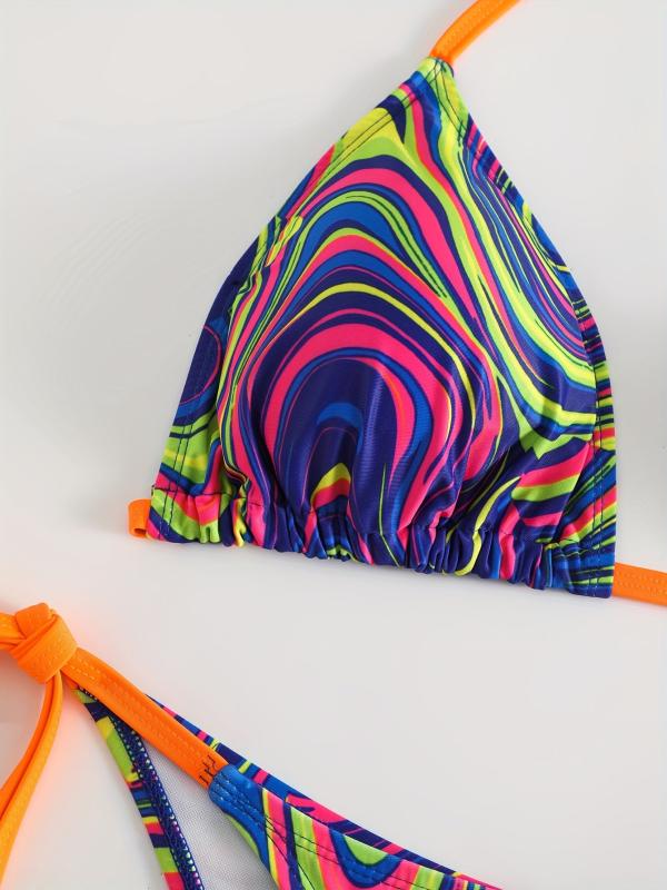 Boho Bikini Set Plus Size Women's Fluid Print Halter Bra & Tie Panty Two Piece