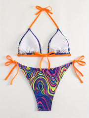 Boho Bikini Set Plus Size Women's Fluid Print Halter Bra & Tie Panty Two Piece