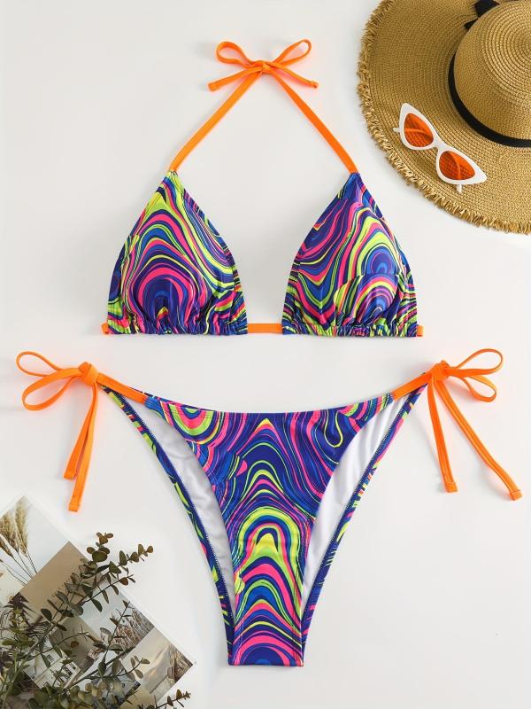 Boho Bikini Set Plus Size Women's Fluid Print Halter Bra & Tie Panty Two Piece