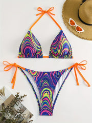 Boho Bikini Set Plus Size Women's Fluid Print Halter Bra & Tie Panty Two Piece