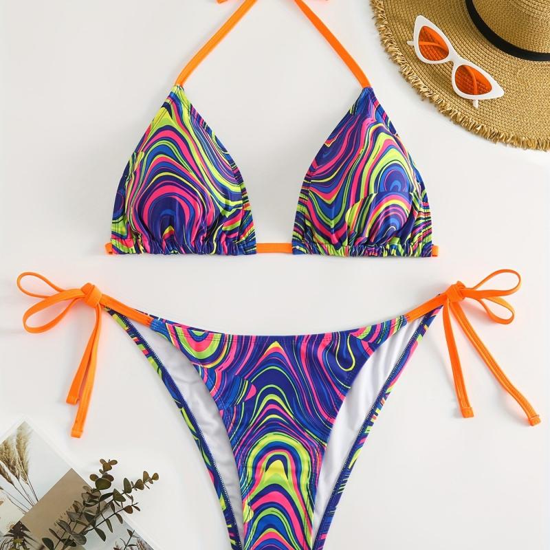 Boho Bikini Set Plus Size Women's Fluid Print Halter Bra & Tie Panty Two Piece