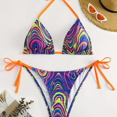 Boho Bikini Set Plus Size Women's Fluid Print Halter Bra & Tie Panty Two Piece