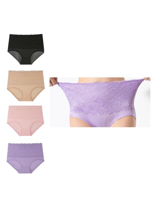 4 Pack Plus Size Floral Print Lace Panties Women's Plus High Waist