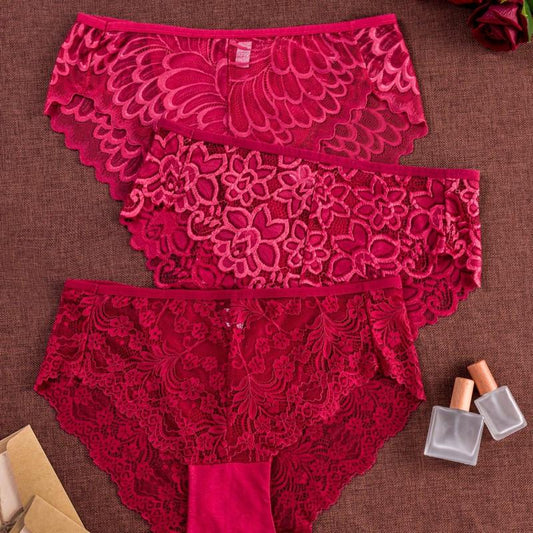 3 Pack Plus Size Christmas Panties Set Women's Plus Floral Lace Wave Trim Briefs