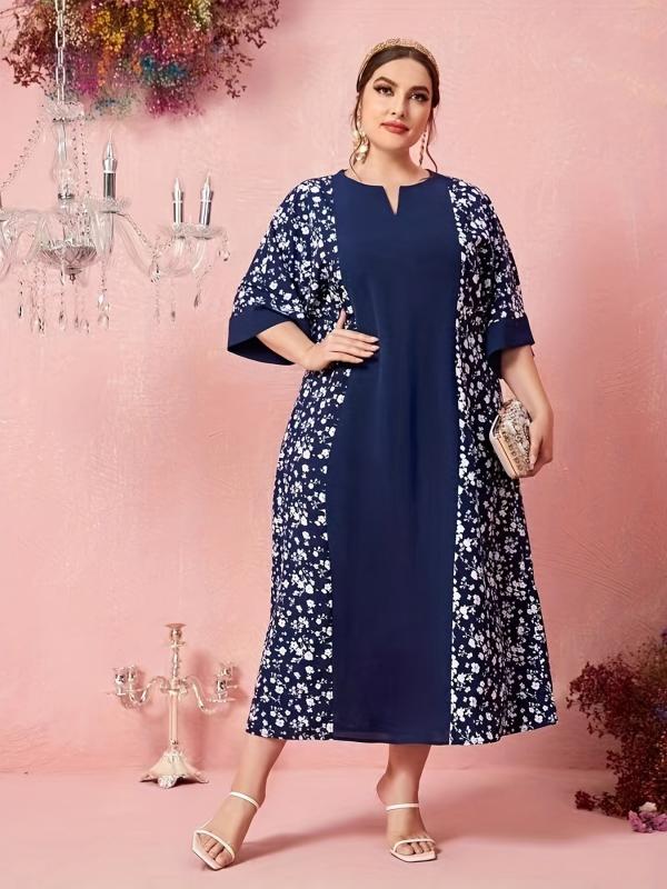 Boho Abaya Dress Plus Size Women's Colorblock Floral Maxi Dress