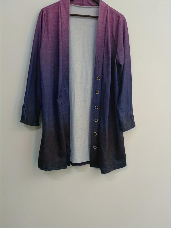 Women's Plus Ombre Print Long Sleeve Button Up Open Front Cardigan