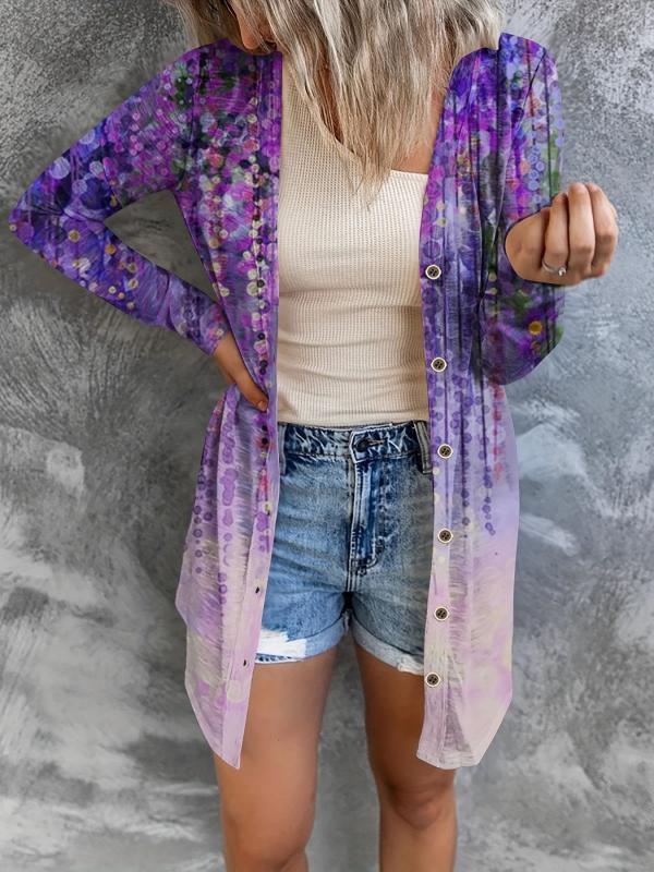 Women's Plus Ombre Print Long Sleeve Button Up Open Front Cardigan
