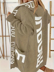 Letter Print Open Front Long Hoodie Cardigan With Pockets