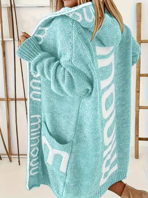 Letter Print Open Front Long Hoodie Cardigan With Pockets