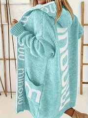Letter Print Open Front Long Hoodie Cardigan With Pockets