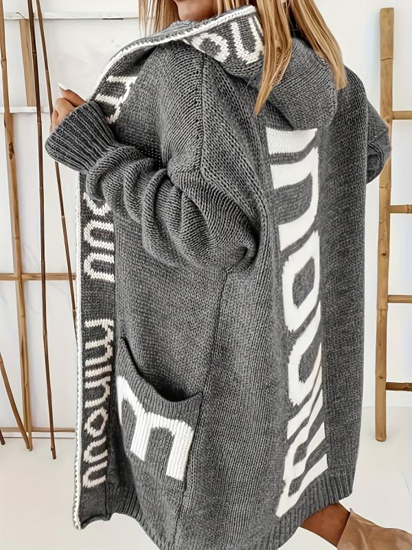 Letter Print Open Front Long Hoodie Cardigan With Pockets