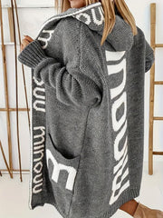 Letter Print Open Front Long Hoodie Cardigan With Pockets