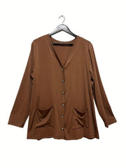 Women's Plus Solid Button Up Cardigan With Pockets