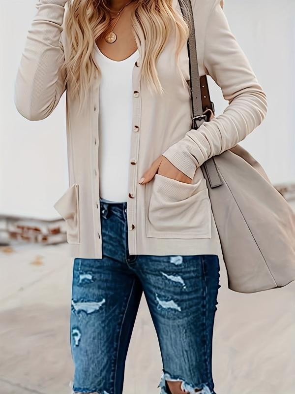 Women's Plus Solid Button Up Cardigan With Pockets