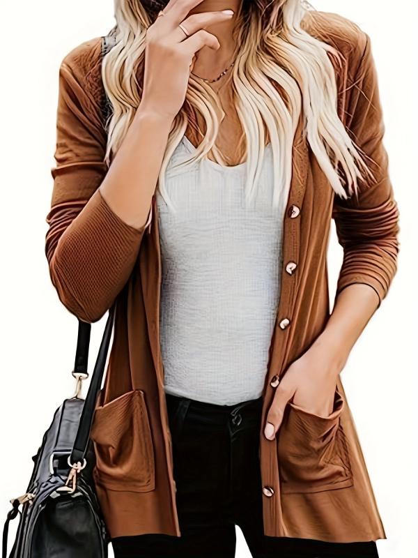 Women's Plus Solid Button Up Cardigan With Pockets