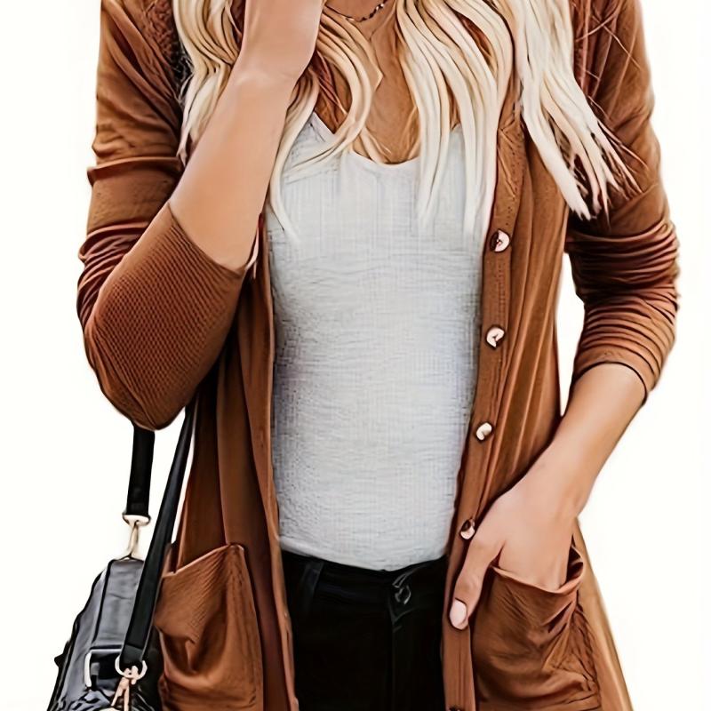 Women's Plus Solid Button Up Cardigan With Pockets