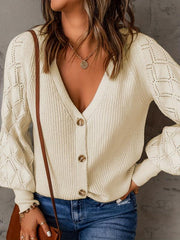 Women's Plus Solid Button Up Lantern Sleeve Cardigan