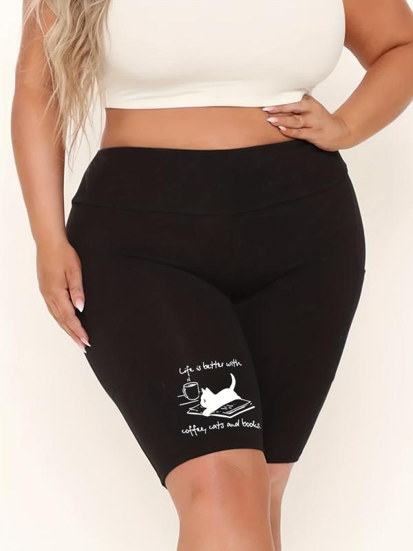 Women's Plus Cat & Book Print High Rise Biker Shorts