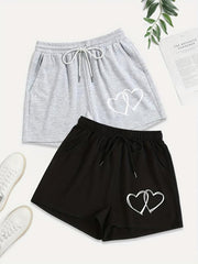 2 Pack Plus Size Heart Print Stretch Drawstring Shorts With Pockets Set