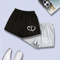 2 Pack Plus Size Heart Print Drawstring Shorts Set Women's Casual Elastic Waist
