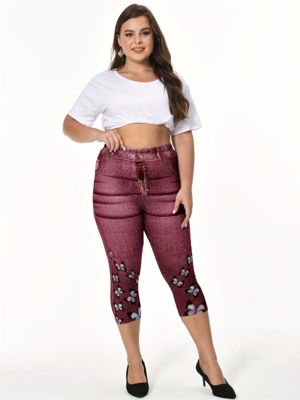 Butterfly & Denim Print Clam Digger Skinny Leggings Women's Plus