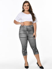 Butterfly & Denim Print Clam Digger Skinny Leggings Women's Plus