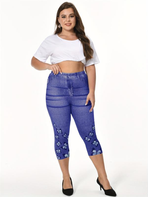 Butterfly & Denim Print Clam Digger Skinny Leggings Women's Plus