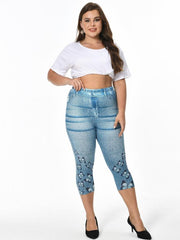Butterfly & Denim Print Clam Digger Skinny Leggings Women's Plus