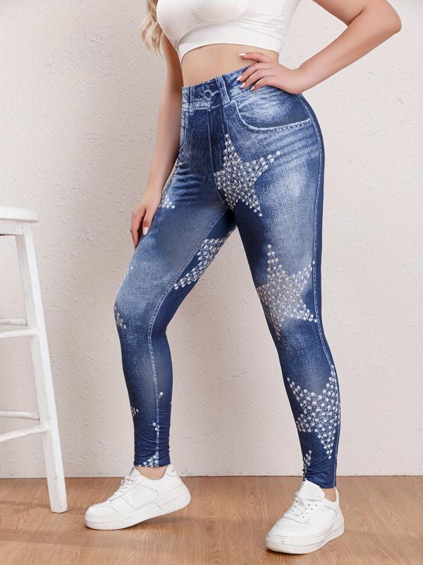 Women's Plus Star & Denim Print High Rise Leggings
