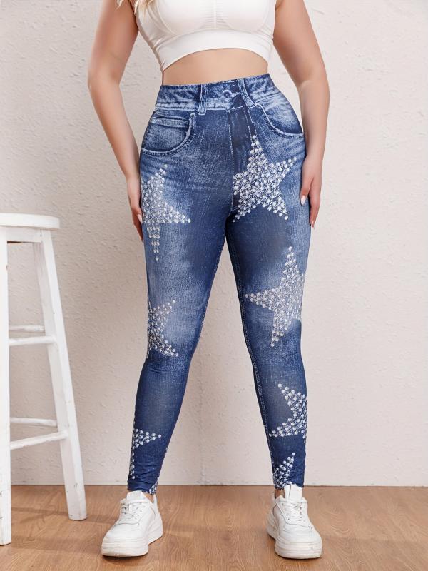 Women's Plus Star & Denim Print High Rise Leggings