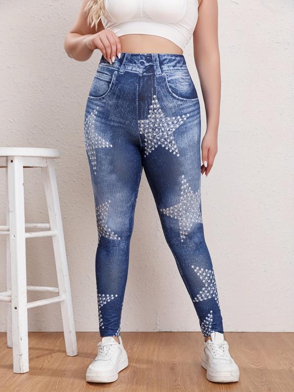 Women's Plus Star & Denim Print High Rise Leggings