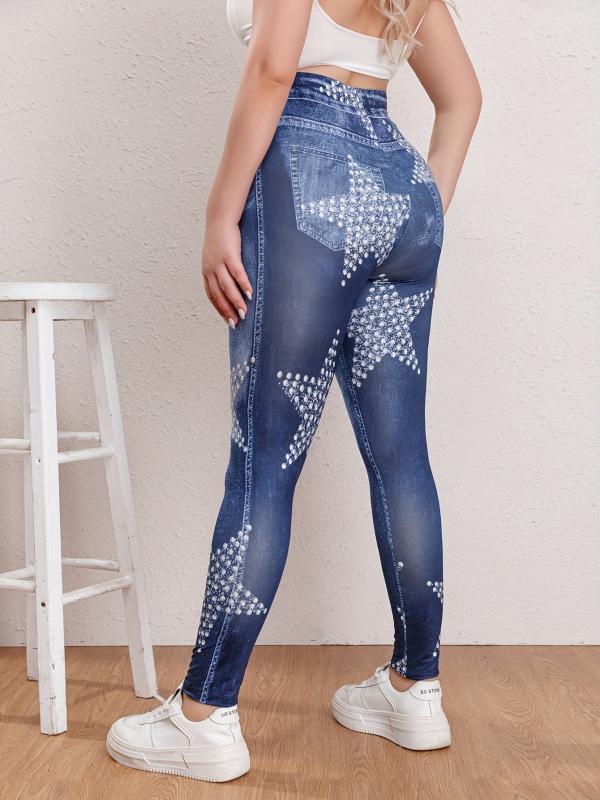 Women's Plus Star & Denim Print High Rise Leggings