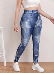 Women's Plus Star & Denim Print High Rise Leggings