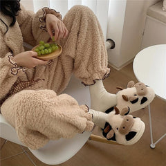 Cow Fleece Slippers For Girls - Non Slip Lightweight Slip On Indoor Home Winter