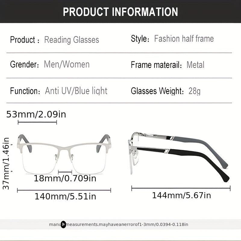 Men's Business Reading Glasses Half Frame Anti-Blue Light Metal Frame