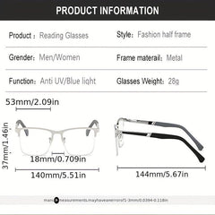 Men's Business Reading Glasses Half Frame Anti-Blue Light Metal Frame