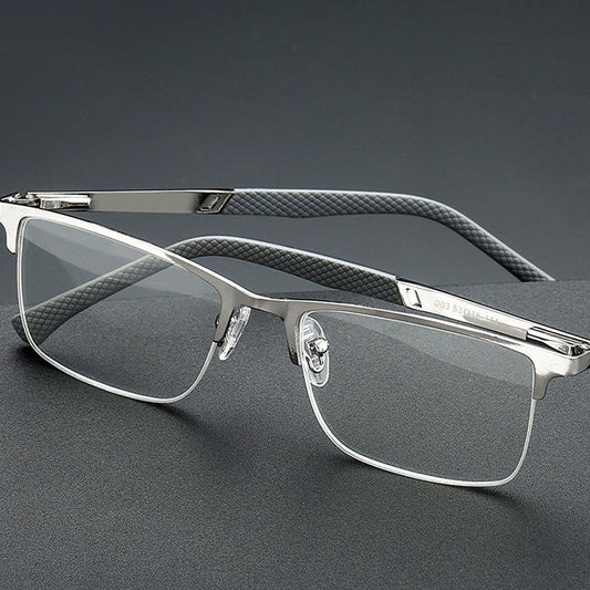 Men's Business Reading Glasses Half Rim Light Blocking High Metal Frame Eyewear