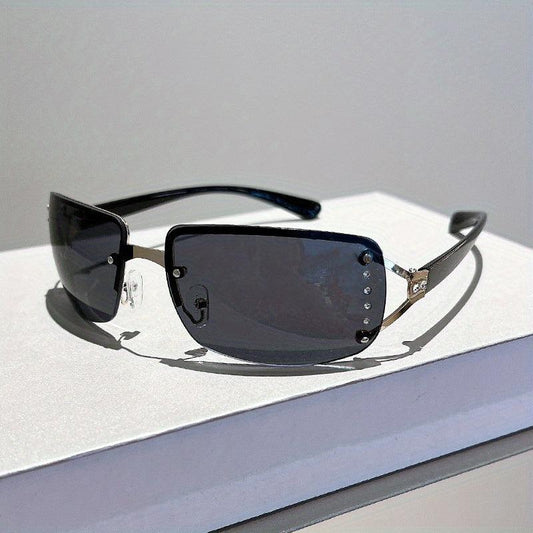 Y2K Rimless Sunglasses Gradient Lens Futuristic Rhinestone Eyewear UV 400