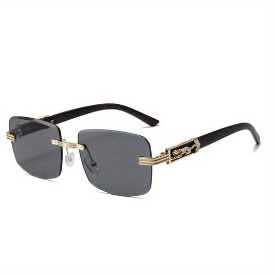 Square Rimless Sunglasses Gradient Lens Metal Leopard Engraved Temple UV400