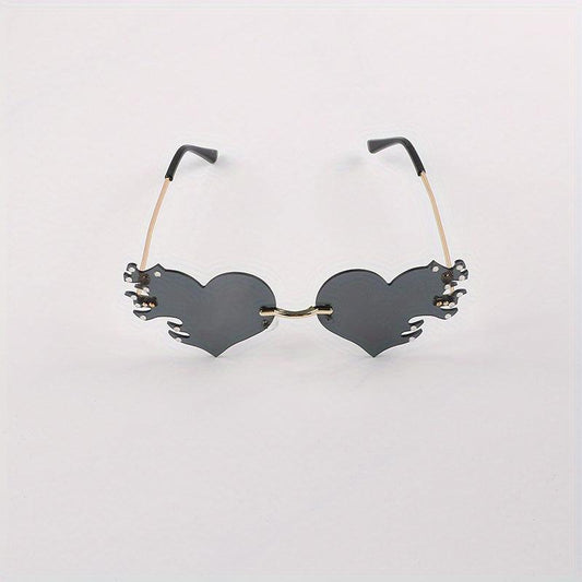 Rimless Flame Heart Sunglasses 90s Burning Glasses
