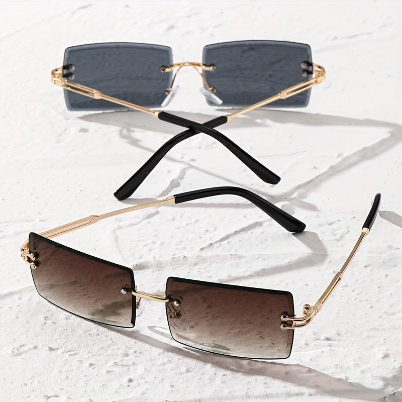 2 Pairs Men's Rimless Rectangle Frame Sunglasses with Zipper Case