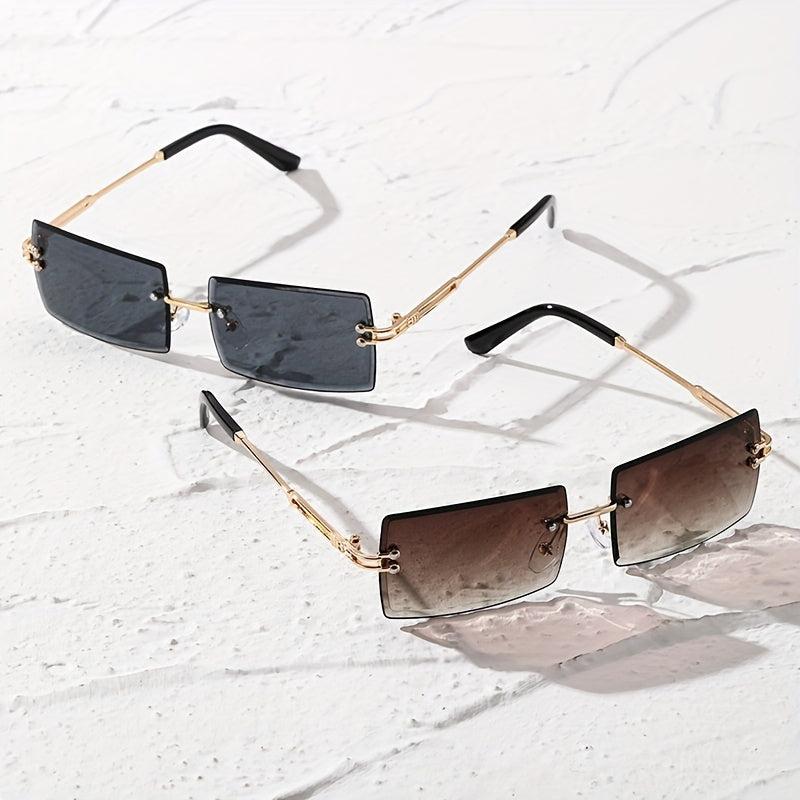2 Pairs Men's Rimless Rectangle Frame Sunglasses with Zipper Case