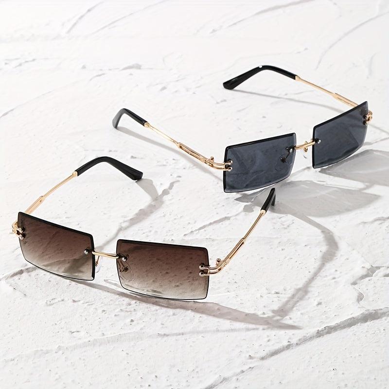 2 Pairs Men's Rimless Rectangle Frame Sunglasses with Zipper Case
