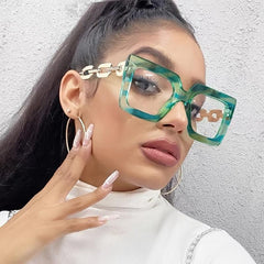 Oversized Square Glasses For Women Large Frame Metal Chain Temple UV Protection