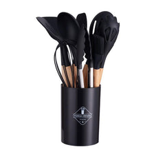 12pc Non Stick Silicone Utensils Set w/ Wooden Handles for Cooking & Storage