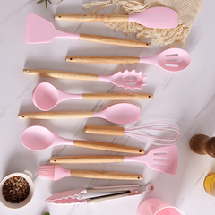 12pc Non Stick Silicone Utensils Set w/ Wooden Handles for Cooking & Storage