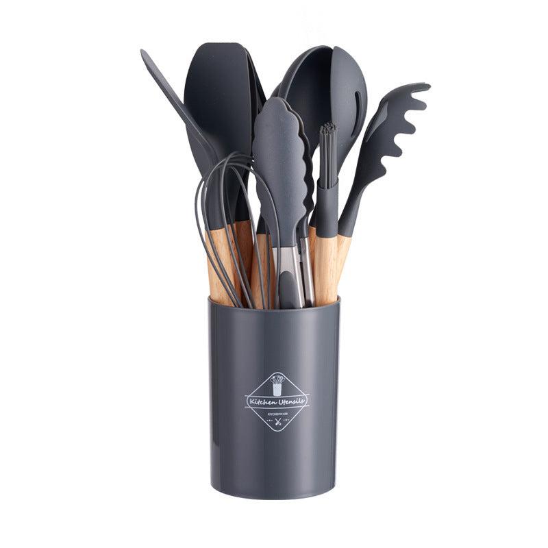 12pc Non Stick Silicone Utensils Set w/ Wooden Handles for Cooking & Storage