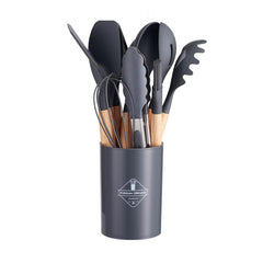 12pc Non Stick Silicone Utensils Set w/ Wooden Handles for Cooking & Storage